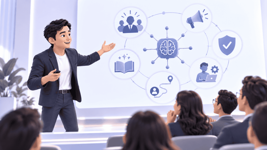 AI keynote speaker presenting leadership, marketing, trust and storytelling topics