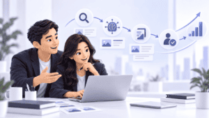 Marketing team mapping an AI-assisted customer journey with human review
