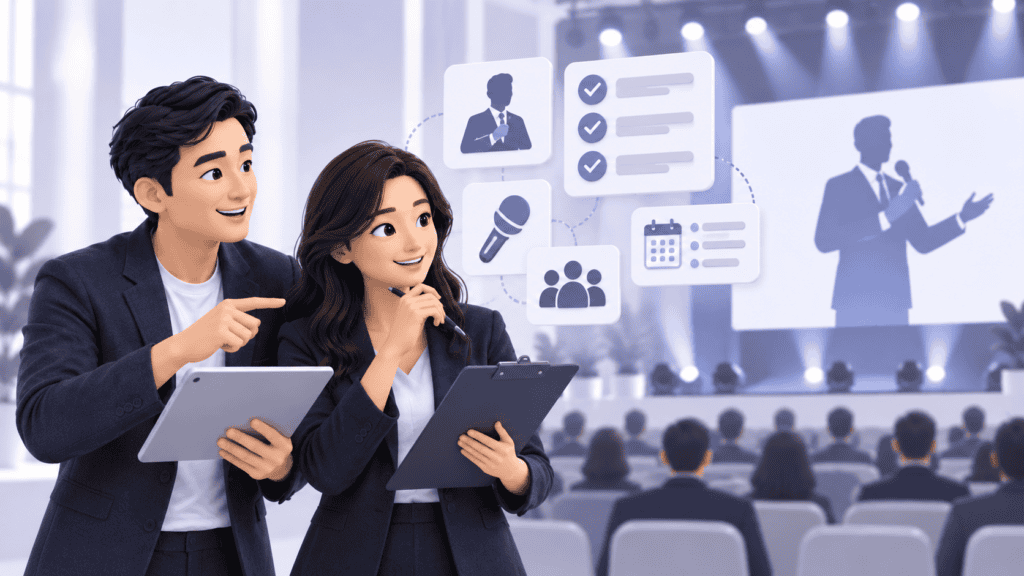 Event organisers evaluating a keynote speaker for a Hong Kong corporate event